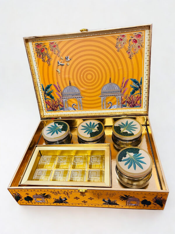 Pichwai Art Hamper box with 4 printed salsa jars & 8 Cavity (14x10x4 Inches) - Image 5