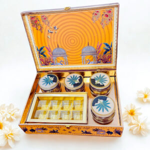 Pichwai Art Hamper box with 4 printed salsa jars & 8 Cavity (14x10x4 Inches)