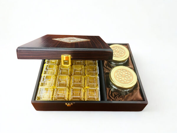 Luxurious Wooden Gift box with 2 laser cut design salsa jars & 20 cavity (13.5x10x3.5 Inches)