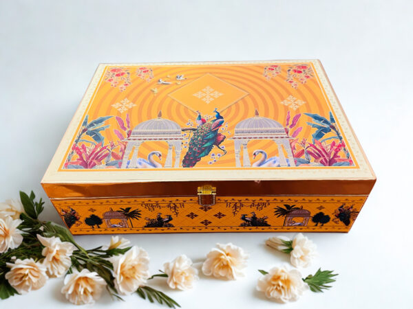 Pichwai Art Hamper box with 4 printed salsa jars & 8 Cavity (14x10x4 Inches)