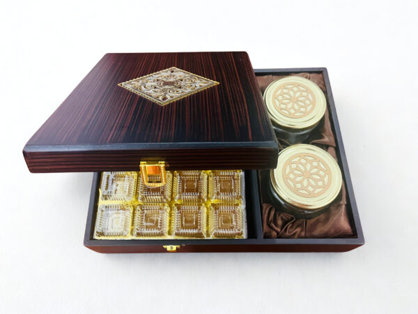 Luxurious Wooden Gift box with 2 laser cut design salsa jars & 20 cavity (13.5x10x3.5 Inches) - Image 4