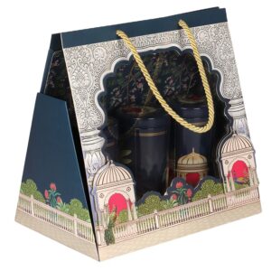 Blue Paper Hamper Bag With 3 printed tins (10x6.5x9.5 Inches)