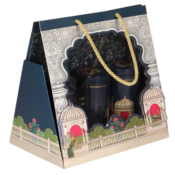 Blue Paper Hamper Bag With 3 printed tins (10x6.5x9.5 Inches)