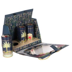 Blue Paper Hamper Bag With 3 printed tins (10x6.5x9.5 Inches)