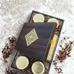 Luxurious Wooden Gift box with 4 laser cut design salsa jars & 20 cavity (17x10x3.5 Inches)