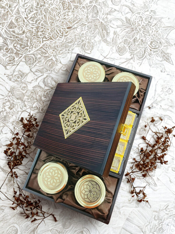 Luxurious Wooden Gift box with 4 laser cut design salsa jars & 20 cavity (17x10x3.5 Inches)