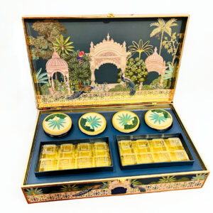 Pichwai Art MDF Box with 4 printed Short salsa jars & 2 Compartments With 16 cavity