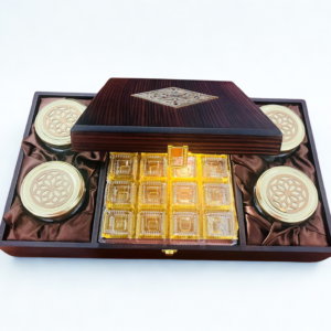 Luxurious Wooden Gift box with 4 laser cut design salsa jars & 20 cavity (17x10x3.5 Inches)