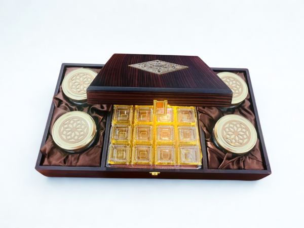 Luxurious Wooden Gift box with 4 laser cut design salsa jars & 20 cavity (17x10x3.5 Inches) - Image 2