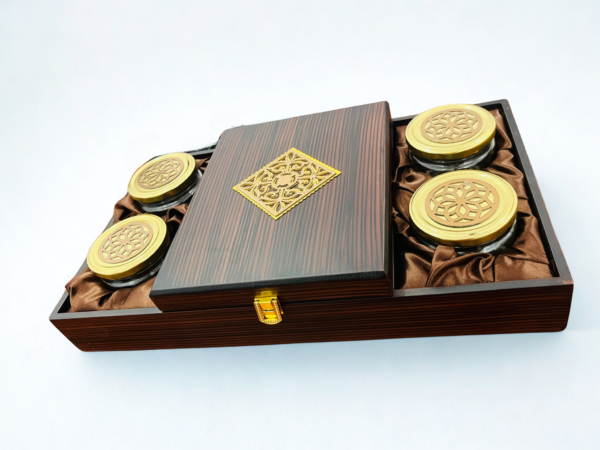 Luxurious Wooden Gift box with 4 laser cut design salsa jars & 20 cavity (17x10x3.5 Inches) - Image 3