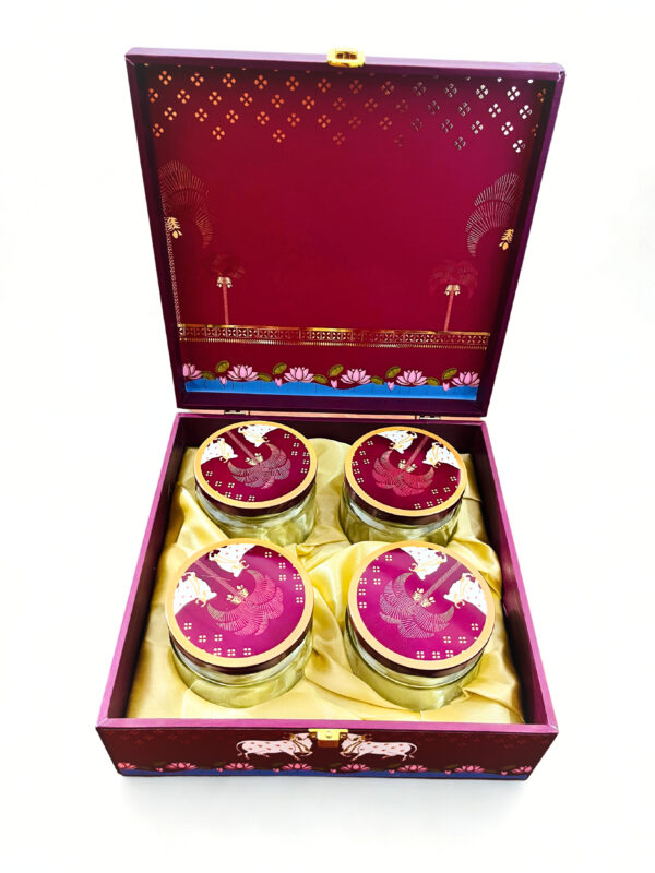 Pichwai Art Hamper Box with 4 printed salsa jars (9.5x9.5x3.5 Inches) - Image 2