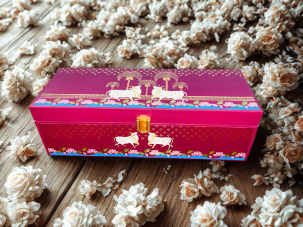 MDF Pichwai Art Hamper Box with 3 printed salsa jars (13x5x4 Inches) , Box Capacity: 250 gms - Image 3