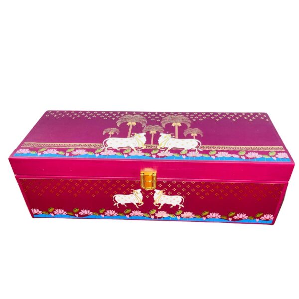 MDF Pichwai Art Hamper Box with 3 printed salsa jars (13x5x4 Inches) , Box Capacity: 250 gms