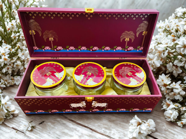 MDF Pichwai Art Hamper Box with 3 printed salsa jars (13x5x4 Inches) , Box Capacity: 250 gms - Image 4