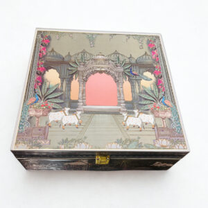Pichwai Art MDF box With 4 printed salsa jars (9.5x9.5x3.5 Inches)