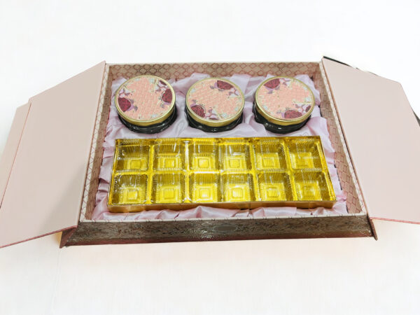 Pichwai Art MDF Box with 3 printed Short salsa jars & 12 cavity